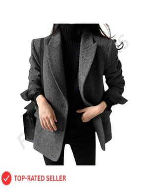 Womens Wool Blend Blazer Jacket Notch Lapel Single Breasted Business Work Coat
